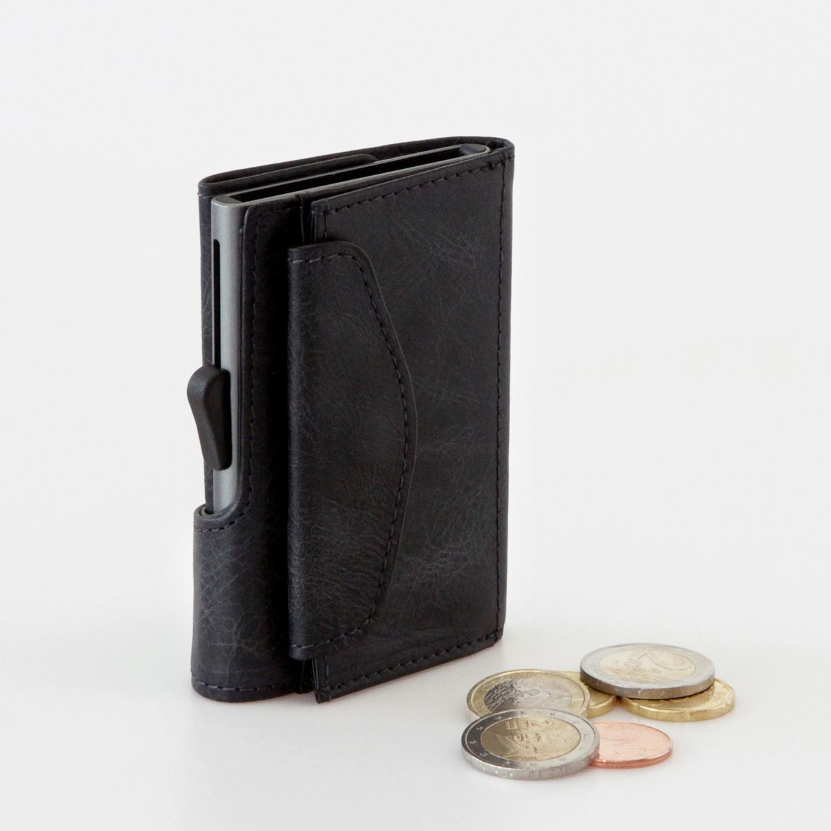 C-Secure Aluminum Card Holder with Genuine Leather and Coin Pouch - Blackwood