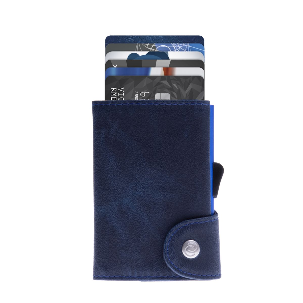 C-Secure Aluminum Card Holder with Genuine Leather and Coin Pouch - Naval Blue