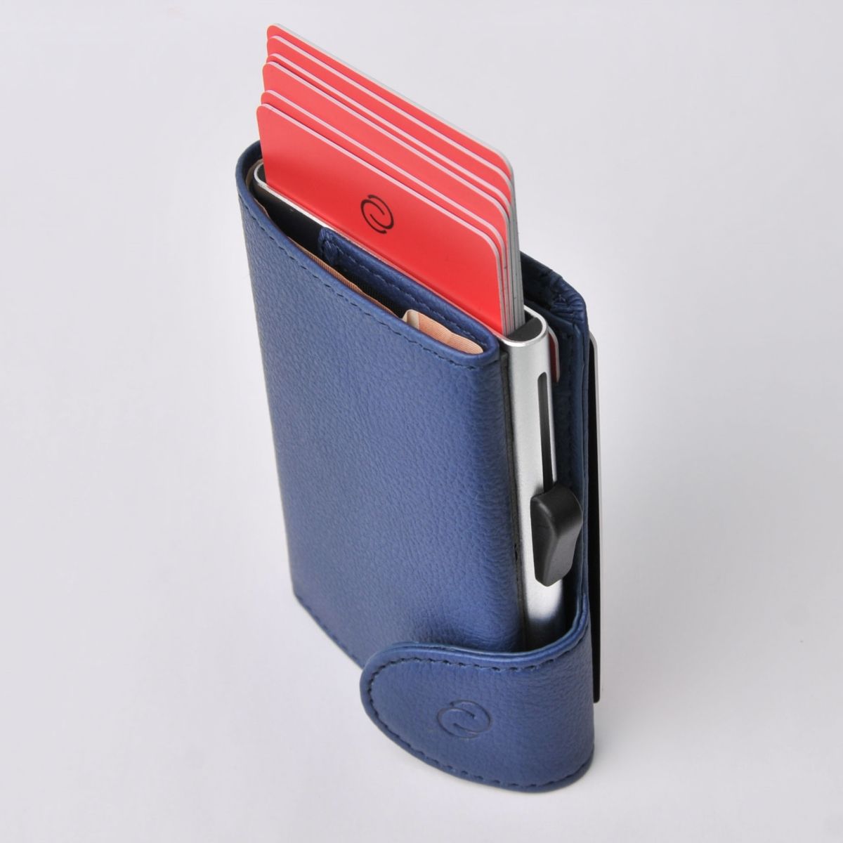 C-Secure Aluminum Card Holder with PU Leather - Blue