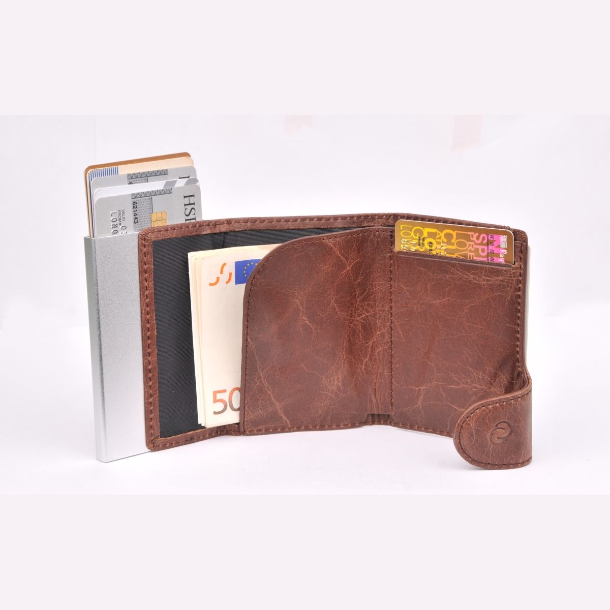C-Secure Aluminum Card Holder with PU Leather - Dark Brown