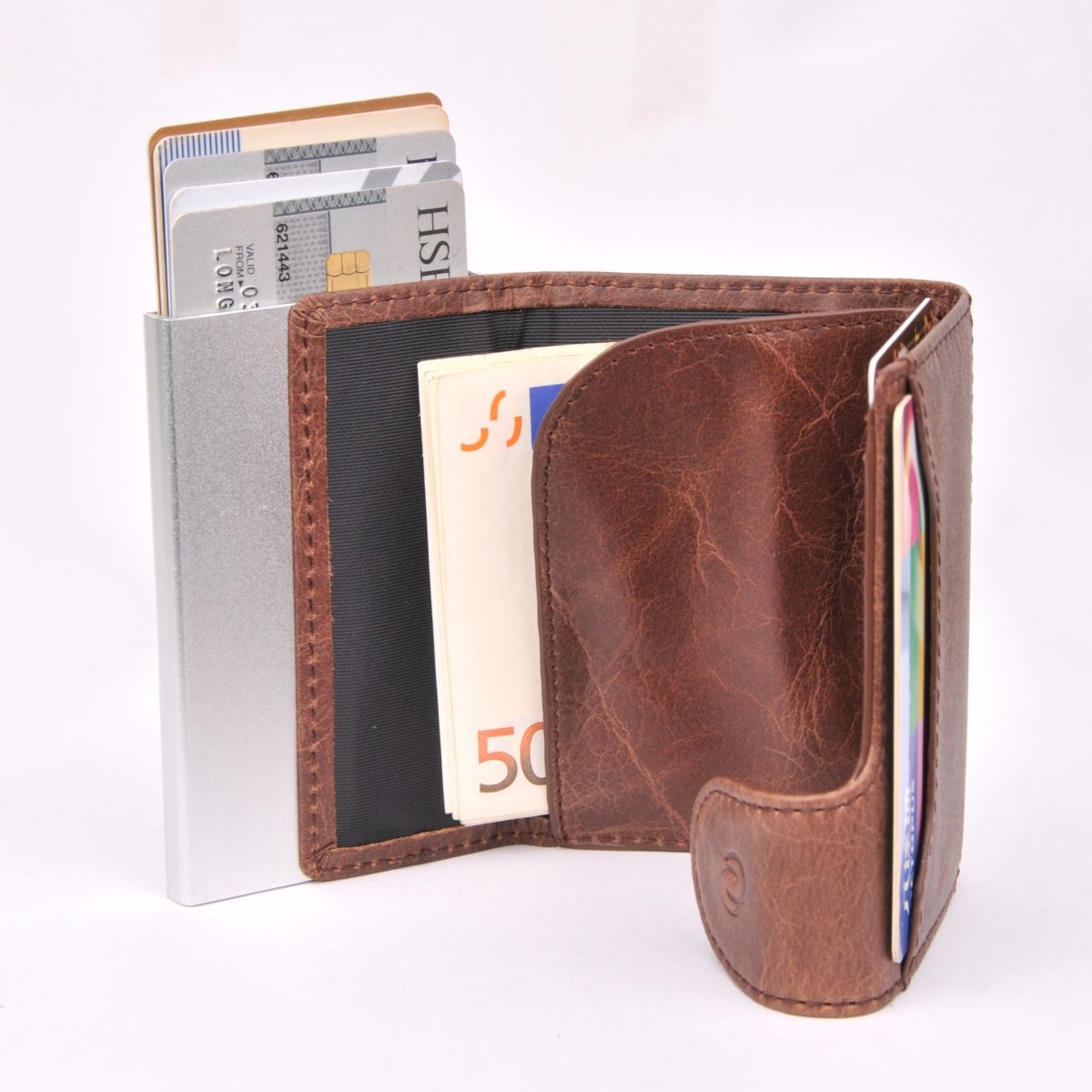 C-Secure Double Aluminum Card Holder with Leather - Brown